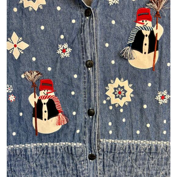 Vintage Blue Denim Snowman Shirt Shacket Embroidered Applique Large - Picture 6 of 6